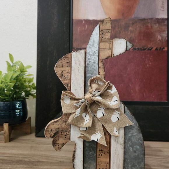 Wood and Metal Standing Bunny With Burlap Bow, Table Top Decor, Home Decor - Picture 1 of 4